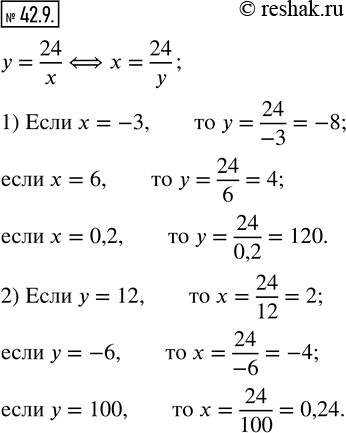 Изображение 42.9. Задана функция у = 24/x. Найдите:1) значение функции, если значение аргумента равно: -3; 6; 0,2;2) значение аргумента, при котором значение функции равно: 12;...