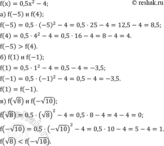 Изображение 744. Известно, что f(x)=0,5x^2-4. Сравните:а) f(-5)  и f(4);   б) f(1)  и f(-1);   в) f(v8)  и...