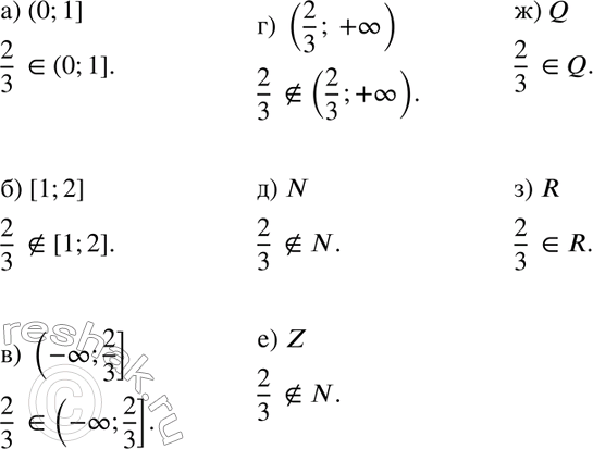 Изображение 36 Принадлежит ли число 2/3 множеству чисел (сделайте запись с помощью знаков принадлежит и не принадлежит: а) (0; 1]; б) [1; 2];	в) (-бесконечность; 2/3];г)...