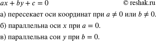 Изображение 573 При каких значениях а, b и с прямая ах + by + с = 0:а) пересекает оси координат;б) параллельна оси х;в) параллельна оси...