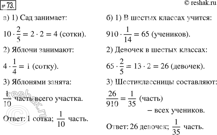 Изображение 73. а) Сад занимает 2/5 земельного участка, причём 1/4 сада отведена под яблони. Какую площадь занимают яблони, если площадь всего участка 10 соток? Какая часть всего...